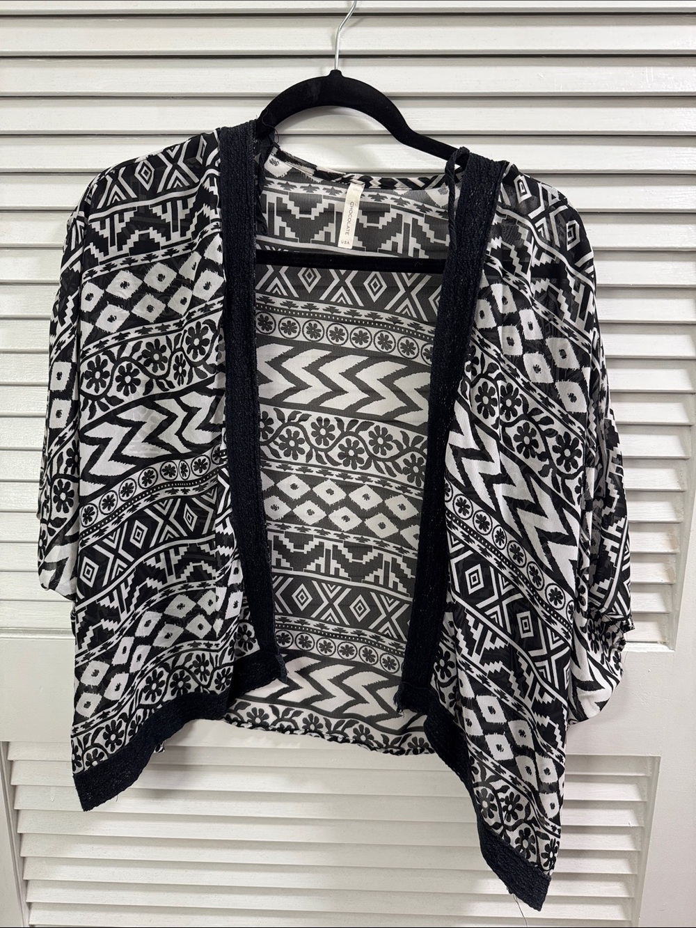 Black and White Geometric Open-Front Cardigan